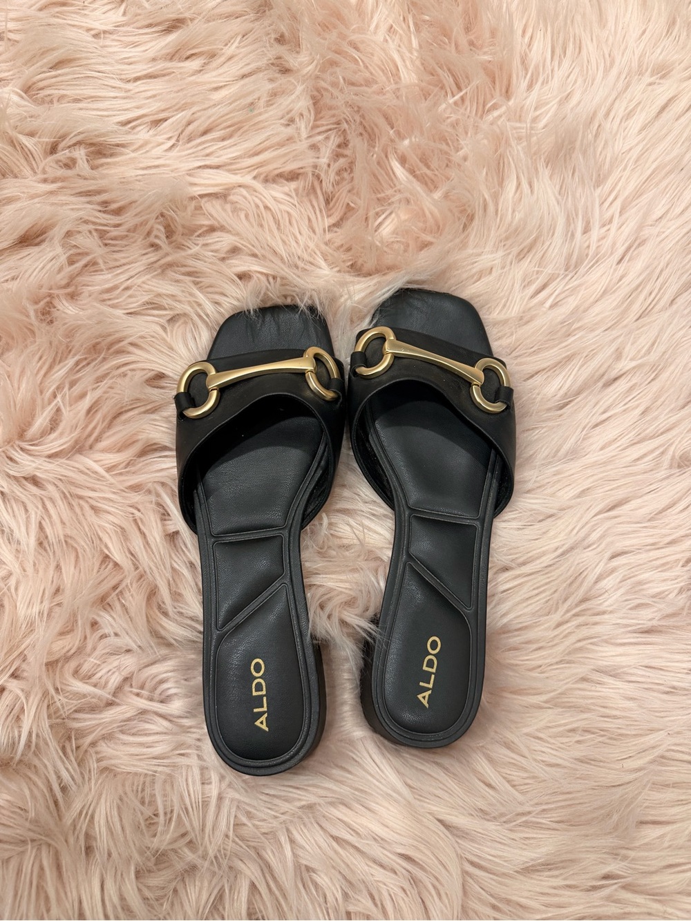 ALDO Black Slide Mules with Gold Chain Accent